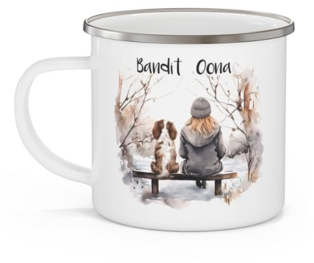 Engravables Personalised 12oz Enamel Dog Mum Mug, Custom Woman and Dog Name Camping Cup with Breed Design and Back Message, Gift for Dog Lover