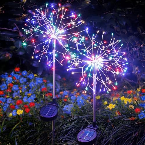 INMKALI Solar Garden Lights Outdoor Waterproof Yard Decorations, 2 Pack 150 LEDs Pathway Lights Stake, Fairy Firework Light for Patio Lawn Courtyard Flowerbed Party Wedding Starburst Multicolor