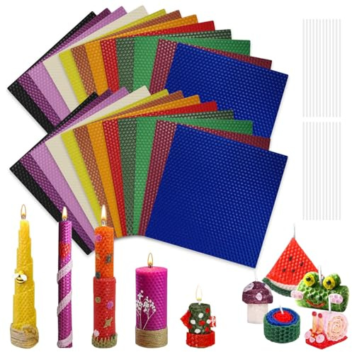 Bienenwachsplatten für Kerzen, 24 Stück Farbiger Bienenwachsplatten 20 x 20 cm, Kerzen Selber Machen Set Kinder, Kerzenset zum Selbstmachen, Bienenwachskerzen Set, für DIY, Basteln, Weihnachten
