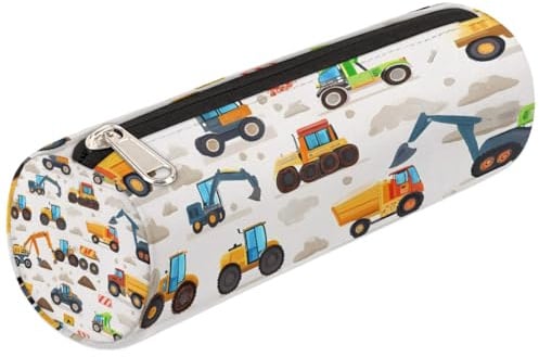 Mexpekil Federmäppchen mit Traktor-Bagger-Muster, Stiftetasche, Marker-Tasche für Kinder, Jungen, Mädchen, Zylinder, rund, Federmäppchen für Schulbedarf, Organizer