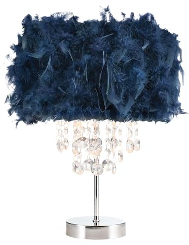 Happy Homewares Modern and Chic Real Midnight Blue Feather Chandelier Style Table Lamp with Waterfall Clear Acrylic Drops | Chrome Metal Base and Stem