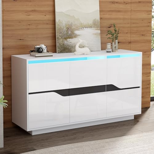 Gxffipw Sideboard Wohnzimmer mit Verstellbaren Trennwänden und LED-Licht, Vorratsschrank Buffetschrank mit Grifflose Design, Wohnzimmerschrank, Beistellschrank, Schrank Weiß+Schwarz, 140x40x76 cm