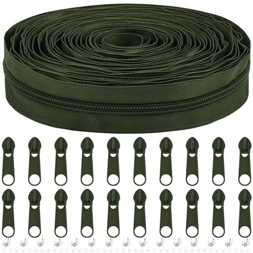 DOITEM The Yard - Cerniere a spirale in nylon, 9 metri, con 20 cursori per cerniera, per fai da te, cucito, sartoria, borse, indumenti, tessili per la casa, colore: verde militare, #5