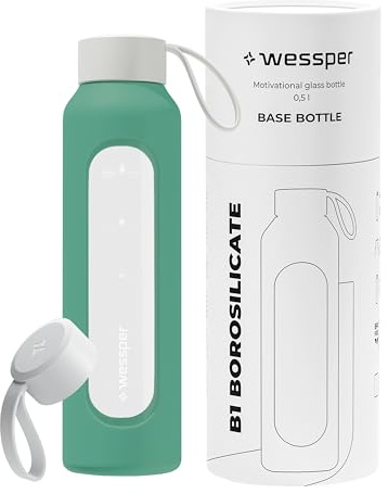 Wessper Botella Agua Cristal, 500ml, Botellas Motivadora - Verde | botella de cristal para agua, Escala de Hidratación, Botellas de Vidrio Borosilicato con Funda de Silicona, sin BPA