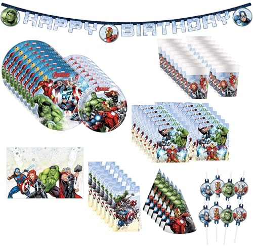 Procos Avengers Infinity Stones Partyset 76-tlg. für 8 Kinder FSC® | 8 Teller 23cm, 8 Teller 20cm, 16 Becher, 20 Servietten, 1 Tischdecke, 6 Partyhüte, 8 Partytüten, 8 Trinkhalme, 1 Partyketten