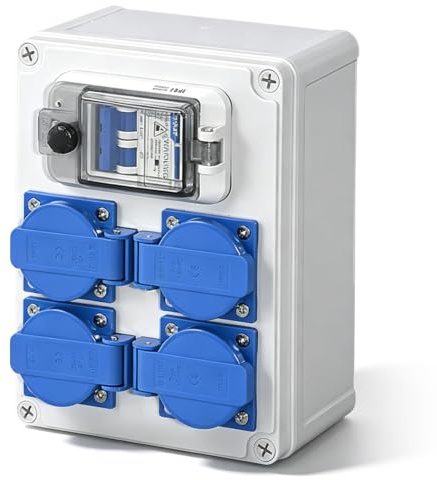 Construction Power Distributor Wall Distributor with FI Switch 32 A, 4 x 230 V Schuko Sockets, IP67 Waterproof Power Distribution Surface-Mounted High Current Distributor for Construction, Industrial