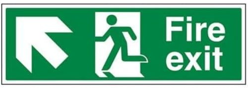 V Safety Fire Exit Arrow Up Left Sign - 450mm x 150mm - Self Adhesive Vinyl