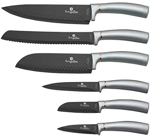 Berlinger Haus Moonlight Juego 6 Cuchillos Cocina Profesional, Hoja Acero Inoxidable Recubrimiento Antiadherente, Cocinero, Cebollero, Pan, Santoku, Pelar, Mango Ergonómico, Diseño Elegante (BH-2512)