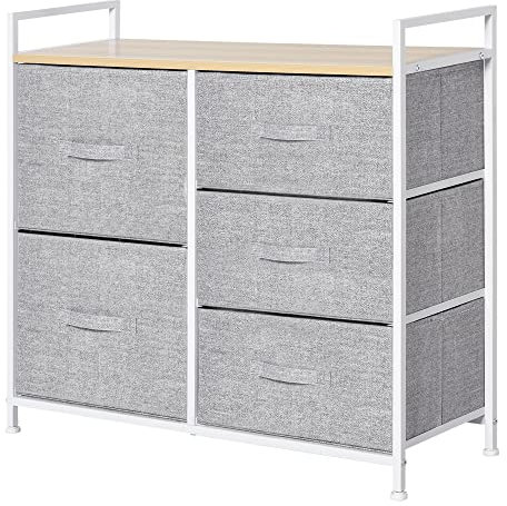 HOMCOM Schubladenschrank, Aufbewahrungsschrank, Stoffkommode mit 5 Stoffschubladen, Stoff+ Holz +Metallrahmen, Grau, 83 x 29 x 77 cm