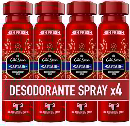 Old Spice Captain Deospray für Herren, 48 Stunden frisch, 0% Aluminiumsalze, gegen weiße und gelbe Flecken, 4 x 150 ml (Verpackung kann variieren)
