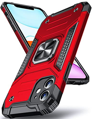 DASFOND Armor Hülle für iPhone 11 Case mit Kameraschutz Militär Stoßfest Handyhülle [Upgrade 2.0] 360 Grad Metal Ring Halter Ständer Schutzhülle [für Handyhalterung Auto Magnet], 6,1 Zoll, Rot