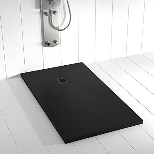 Shower Online Plato de ducha Resina PLES - 90x110 - Textura Pizarra - Antideslizante - Todas las medidas disponibles - Incluye Rejilla Color y Sifón -Negro RAL 9005