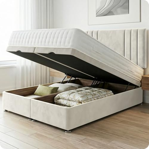 Comfy Deluxe LTD Savannah Ottoman Bed Base - 4FT Small Double, Cream | Plush Velvet Divan Storage Bed Frame with 26 Inch Headboard | Gas Lift Foot-End Opening | No Mattress Included | UK Made