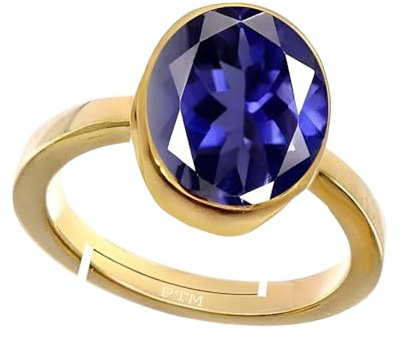 PTM Natural Iolite/Neeli 10.25 Ratti or 9.5 Carat Certified Astrological Gemstone Panchdhatu/5 Metals Gold Plated Adjustable Ring for Men Women, Metal Gold, Silver, Zinc, Copper and Iron Gold Plated