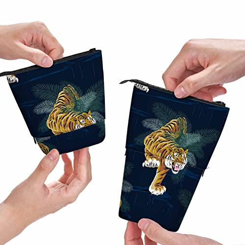 Swono Tigers Federmäppchen Tropische Palmenblätter Stehend Federmäppchen Federtasche Stiftehalter Dunkelblau