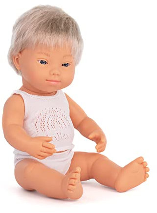 Miniland Dolls: europäische Babypuppe Junge, blond, mit Down Syndrom aus weichem Vinyl, 38 cm, präsentiert mit Unterwäsche in Geschenkbox (31263)