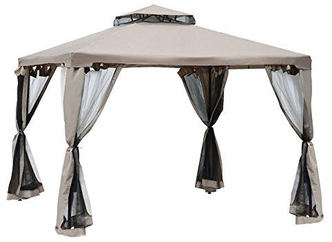 Outsunny Cenador de Jardín 3x3 m Pabellón de Exterior con Doble Techo de Ventilación 4 Cortinas Mosquiteras Laterales con Cremallera 8 Orificios de Drenaje Gazebo para Fiestas Patio Marrón Pardo