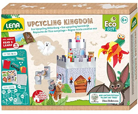 Lena 42831 - Eco Upcycling Bastelset Königreich, Ritterburg aus Papierbögen und Haushaltsgegenständen, 2 in 1 Mobile und Spielset, Klebeset für Jungen und Mädchen, Papierbasteln für Kinder ab 6 Jahren