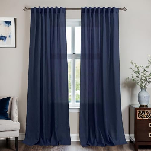 Mrs.Naturall Marineblaue Leinen-Vorhänge, 213 cm Länge, 2 Paneele, mit Schlaufenstangentasche hinten, dunkelblau, Bauernhaus-Boho-Vorhang, Fenstervorhänge, 213 cm lang, für Wohnzimmer, Jungenzimmer,