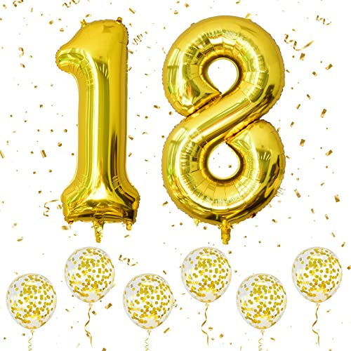 Palloncini Numero 18 Oro, Palloncini Numero 1 e 8 Grandi in Lamina da 40 Pollici con 6 Palloncini Elio Coriandoli Oro, Palloncino 18 Compleanno per Ragazze Ragazzi Feste Romantiche Anniversario
