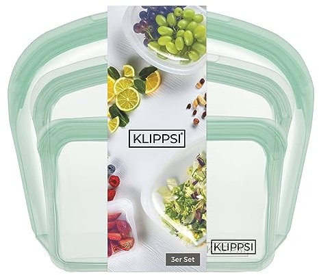 KLIPPSI® Set di 3 sacchetti in silicone riutilizzabili, resistenti agli strappi, al caldo e al freddo, a prova di perdite, lavabili in lavastoviglie (verde)