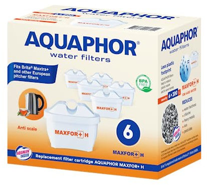 AQUAPHOR MAXPHOR+ MAXPHOR+ H Filterkartuschefür extra hartes Wasser Ersatzfilter Wasserfilter 6er Pack mit EXTRA KALKSCHUTZ AQUALEN für Tischwasserfilter