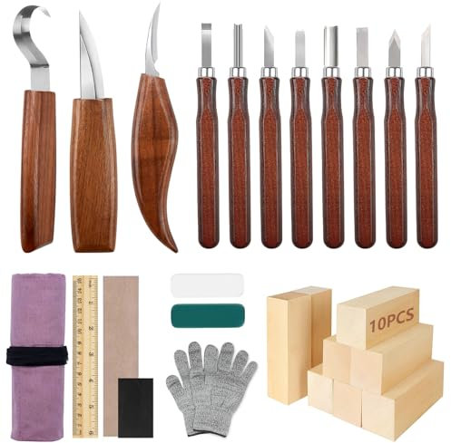 YUTUY Juego de herramientas para tallar madera,29 piezas Herramientas de tallado,Herramientas De Talla De Madera con guantes resistentes a cortes,Para Principiantes, Grabadores y Artistas