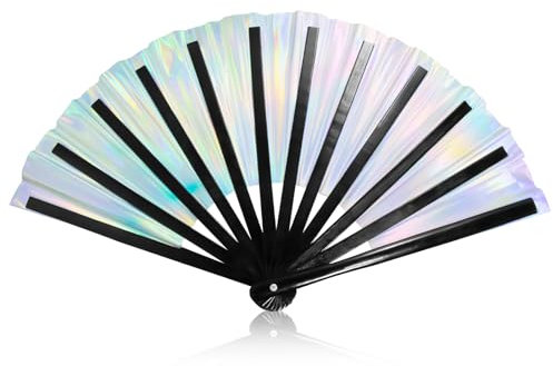 Silver Holographic Rave Hand Fan, Laser Iridescent Fan Large Folding Fan Festival Fan, Bamboo Folding Clack Hand Fan Glitter Fan Metallic Hand Fan for Night Club Dance Party Performance Outfit Props