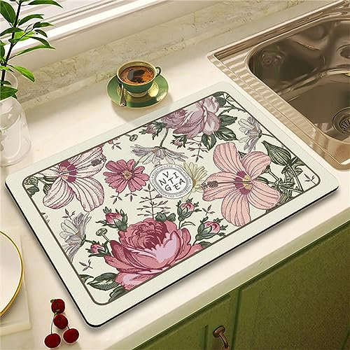 Morbuy Style Vintage Tapis Vaisselle Egouttoir Absorbant, Motif Fleurs Tapis de Cuisine Absorbant pour Evier Tapis de Séchage Cuisine Café pour Ustensiles, Comptoir Bar (Fleur de lys,30x40cm)