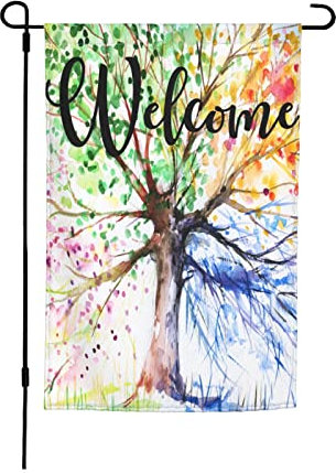 Aquarelle Quatre saisons Arbre de vie Drapeaux de jardin de qualité supérieure Dessiné à la main Art Peinture Drapeau de cour Drapeau de fête de vacances Extérieur Décoration de ferme Maison Porche