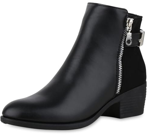 VAN HILL Damen Klassische Stiefeletten Blockabsatz Zipper Trendy Schuhe 213716 Schwarz 39