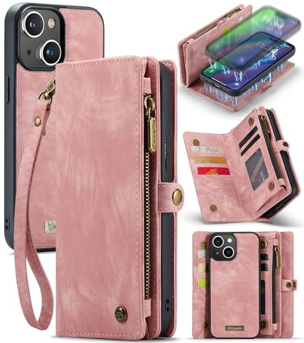 UFinetech für iPhone 15 Plus Hülle, Flip Leder TPU Stoßfeste Kartenfach Tasche Handyhülle für iPhone 15 Plus, Magnetisch Klapphülle Kratzfest Abnehmbare Reißverschluss Band Schutzhülle Cover, Rosa