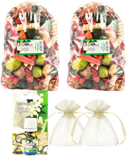 Ensemble de Potpourri parfumé au Jasmin - 2 Grands Sacs, 1 Huile parfumée au Jasmin, 2 sachets en Organza | Décoration Florale pour la Maison | Fleurs séchées pour Vase | Subtil arôme de Jasmin