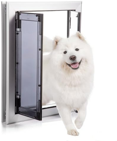 Premium Large Dog Door, Aluminum Pet Door with Double Panels, Doggie Door with Automatic Closing Magnetic Flaps, Slide-in Panel & 4 Security Locks, Weather Resistant & Durable Use, Large
