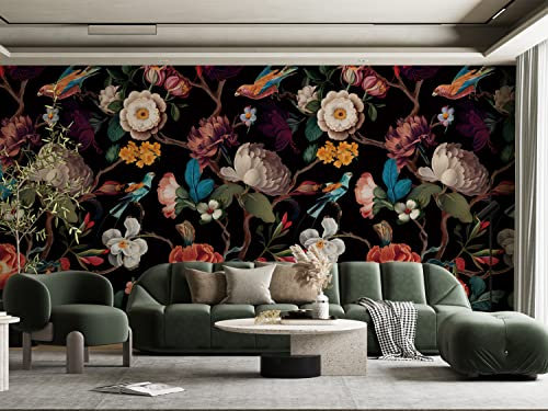 Wall Mural Peel and Stick Black Floral Wallpaper Mural Canvas Fabric Vintage Dark Wallpaper for Room TV Background 148 W x 98 H Large Wall Paintings Home Decor