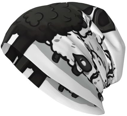 Dwrepo Beanie-Mütze mit Cartoon-Schaf-Druck, warm, Winter, Strickmütze, lässig, modisch, Beanie-Mütze für Damen und Herren, Schwarz, Einheitsgröße, Schwarz, Einheitsgröße