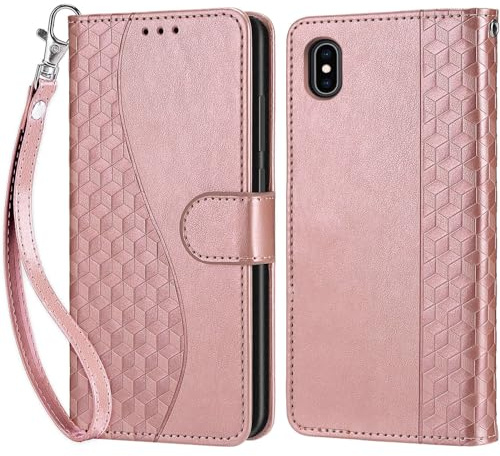 KENHONER Handyhülle für iPhone X/XS Hülle, Roségold | PU Leder Flip, Klappbar, Stoßfest, Magnetisch, Standfunktion, Kartenfächer, Retro Design, Handgelenkband