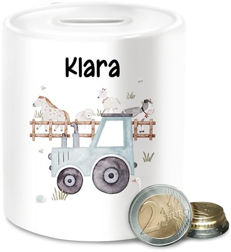 Spardose - Bauernhof Traktor Tiere mit Namen Landwirtschaftlicher Tiermotiv Bauernhoftieren - Unisize - Weiß - Kinder Geschenke für traktorfans Traktoren trecker sparbüchsen Name
