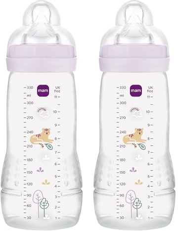 MAM Pack 2 Biberones, a partir de 4 Meses, 330ml, con Tetina 3 de Flujo Rápido de Silicona de Fácil Aceptación, Fácil de Sostener, Fácil de Limpiar, MAM Easy Active, Purple, Pack de 2uds
