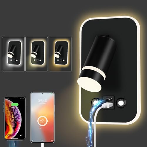 HUIZHOU Leselampe Wandmontage LED Wandleuchte Touch Control 3 Farbtemperaturen Und 12W USB Ladeanschluss 350° Drehbares Bett Leselicht Wohnzimmer und Schlafzimmer (Rechteck schwarz)