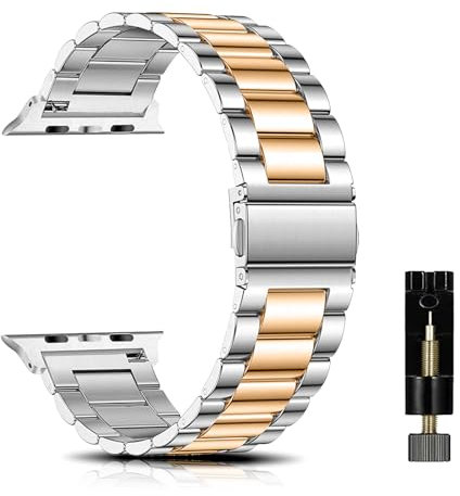 SeNool Correa para Apple Watch 49mm 46mm 45mm 44mm 42mm Series 10/Series 9/8/7/6/5/4/3/2/1/Ultra 2, Hombres y Mujeres Acero Inoxidable Metal Pulsera Correa para Apple iWatch/SE/SE 2-Plata/Oro Rosa