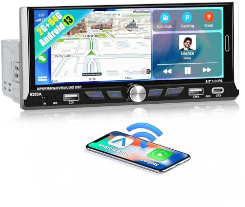 【Upgrade Android 13】 SIXWIN 2+64G Radio Coche 1 DIN Compatible Wireless CarPlay y Wired Android Auto,6.9 Pulgadas HD Pantalla táctil Reproductor con WiFi/GPS/Bluetooth/FM/USB/AUX/TF/Mirror Link