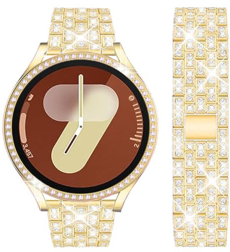 DEALELE Armband und Uhrengehäuse Kompatibel mit Samsung Galaxy Watch 7 40mm, 20mm Glitzer Diamant Metall Armbänder mit Schutzhülle Cover Ersatz für Damen Herren (40mm, Gold)