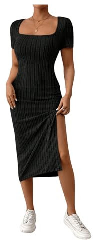 GORGLITTER Women's Square Neck Bodycon Midi Dresses Short Sleeve Ribbed Slit Tight Casual Dress Solid Black M