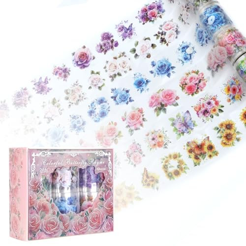 Washi Tape Set,6 Rolls Blumen Sticker,Scrapbook Stickers,Washi Sticker,Scrapbook Zubehör,Vintage Sticker,PET Wasserfeste Sticker für Scrapbooking,Journaling,Kunsthandwerk,Geschenke für Blumen Lieben