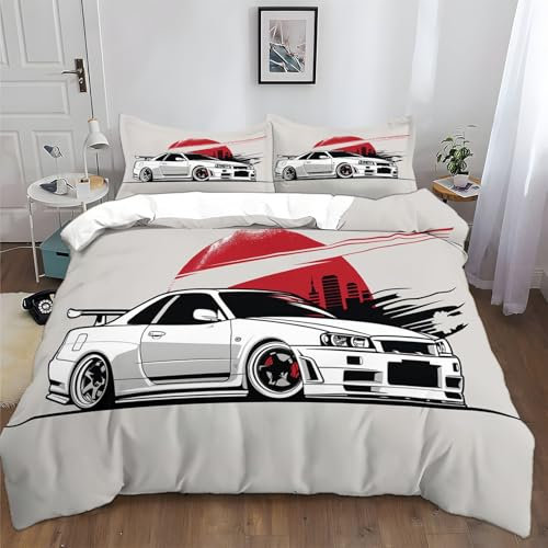 XCQHZYQ Bettwäsche Set 135x200 cm Japanischer Stil Sportwagenweiß Bettbezug 3D-Digitaldruck Bettwäsche-Sets 3 teilig Weiche Polyester Baumwolle Bettbezug für Kinder Erwachsene