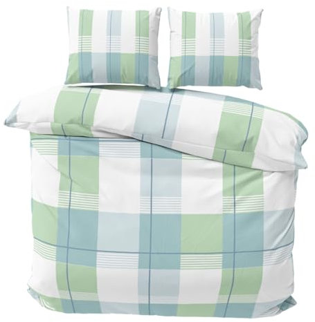 Visaggio Biber Bettwäsche 200x220 cm flauschig Feinbiber Bettbezug Winterbettwäsche 2X Kissenbezug 80x80 cm gestreift Grün Petrol Doppelset 3teilig