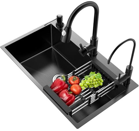 TYYCKJ DREI-Loch-Küche, Edelstahlküche, Hausbar mit ausziehbarem Wasserhahn und verschiedenem Zubehör (Rotgussgrau, 68 x 45 x 20 cm)