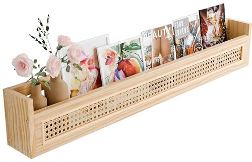 Ecowillon Wandregal aus Holz und Rattan, 91,4 cm, schwebendes Regal für Kinderzimmer, U-Form, natürliches Kiefernholz, Korbregal, Boho-dekorative Regale für neutrale Kinderzimmer-Dekoration