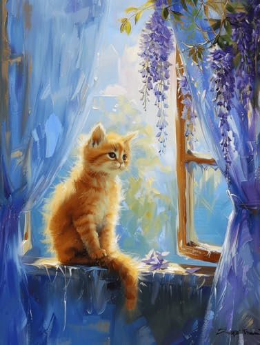 DIY 5D Tableau Diamant Chat Sur Le Rebord De La Fenêtre Peinture Au Diamant Animaux Et Fleurs Kits D'Art Au Diamant Avec Accessoires Et Outils Perceuse Complète Gem Art Et Artisanat Cadeau 50x70cm